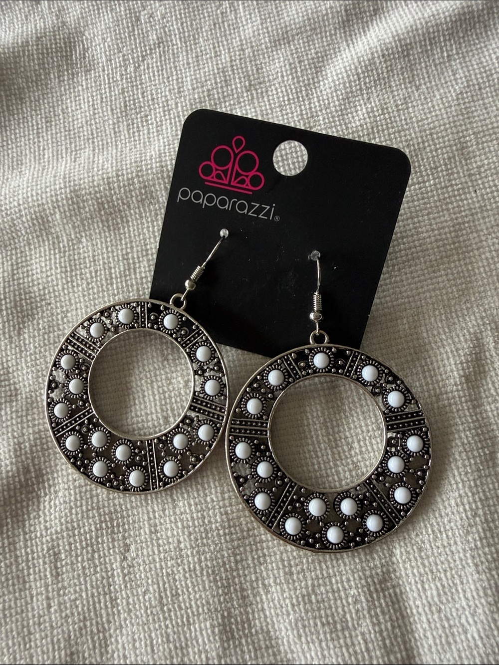 paparazzi Silver and White Hoop Medallion Earrings
